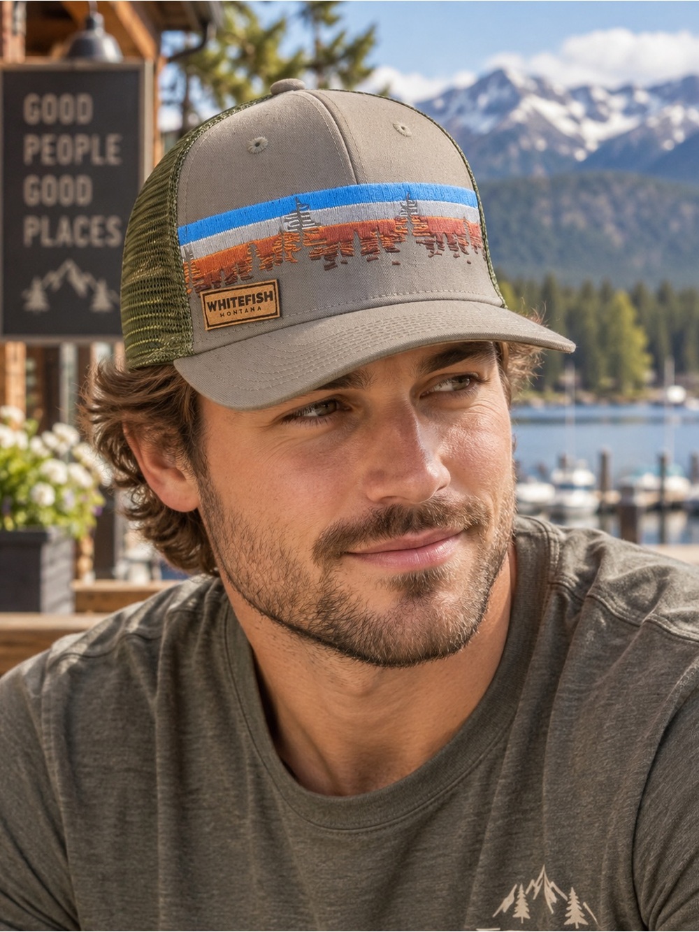 Locale Whitefish Montana Forest Flat Rim Trucker Hat NWT Outdoorsy Gorpcore